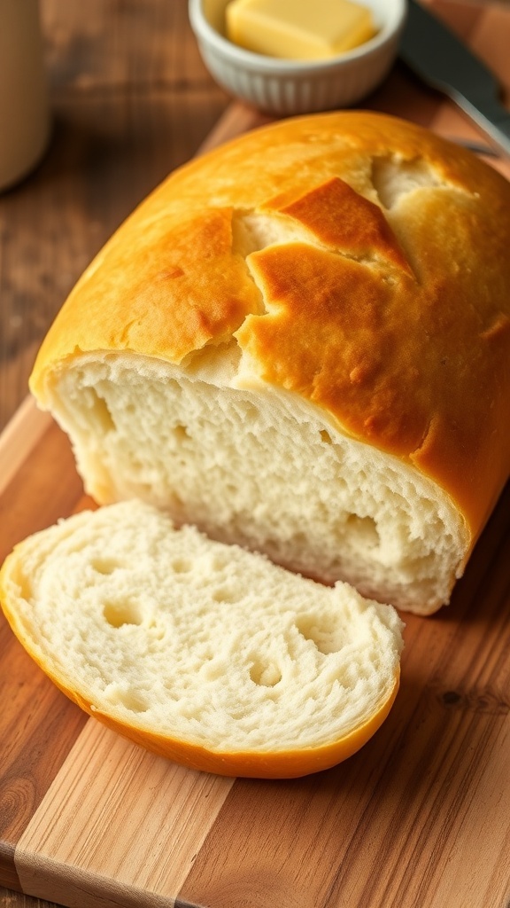 A golden loaf of fluffy Japanese milk bread on a cutting board, with slices revealing its soft texture.